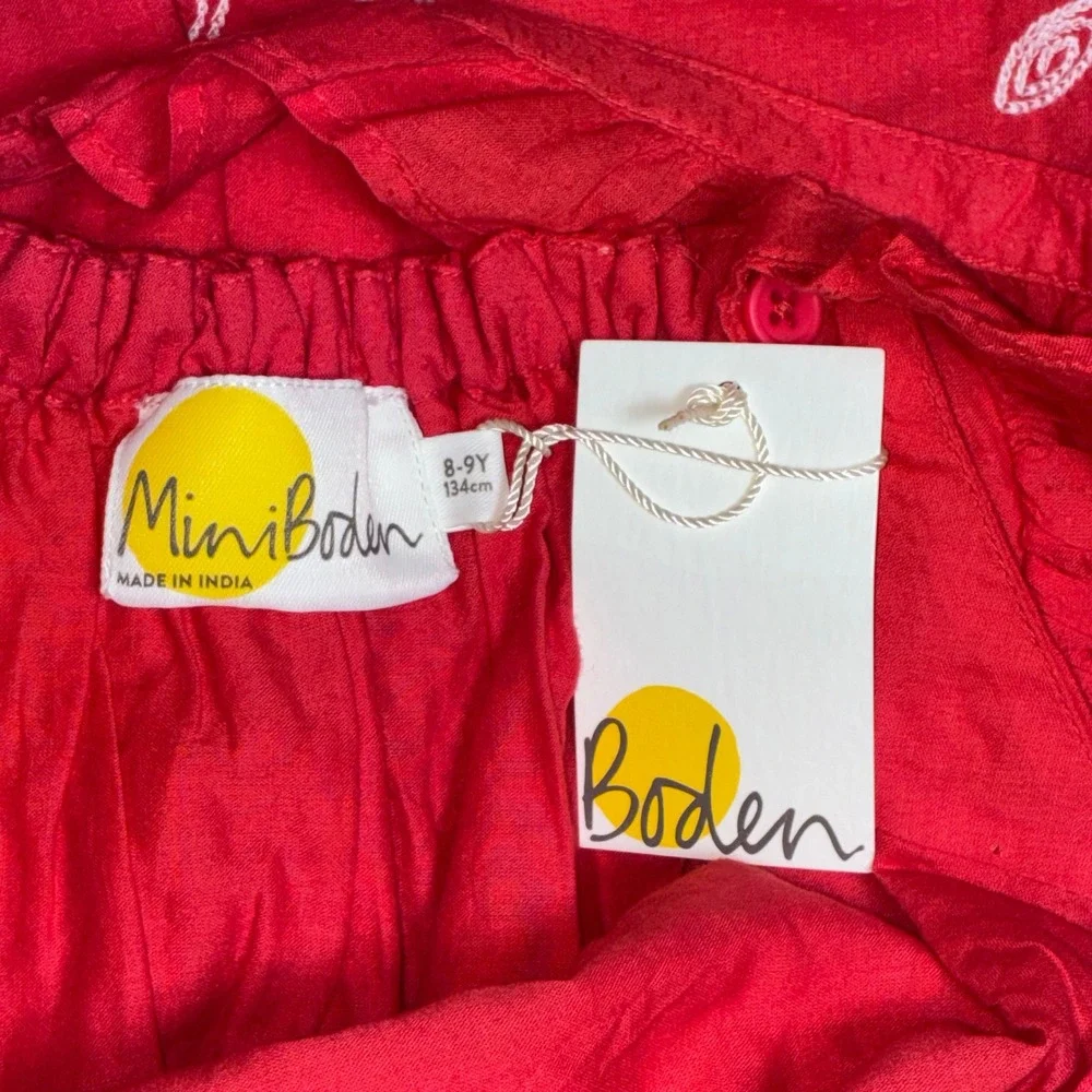 Mini Boden Floral Embroidered Dress 8-9Y Red Cross Back Ruffle‎ Summer Sundress